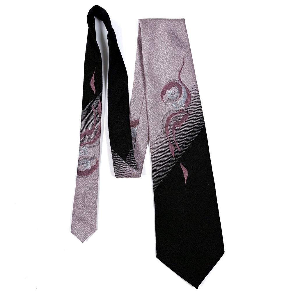 VTG‎ Pierre Balmain Silk Jacquard Tie Black Pink Abstract Swirl L: 53" W: 4"